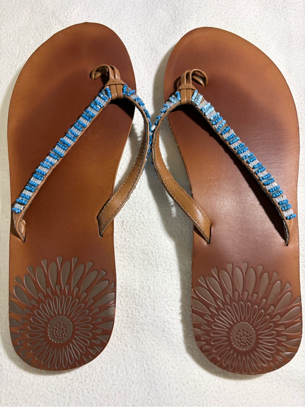 Yellow Box (Approx. Size 9) Brown Leather Sandals with Blue Bead Straps #0009
